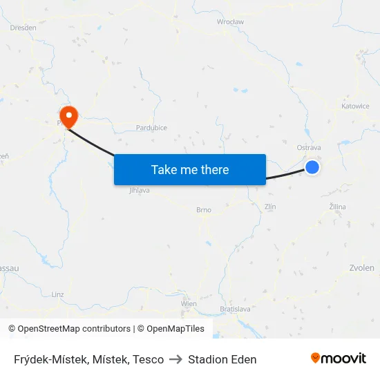 Frýdek-Místek, Místek, Tesco to Stadion Eden map