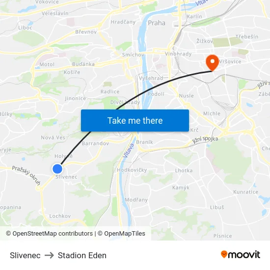 Slivenec to Stadion Eden map