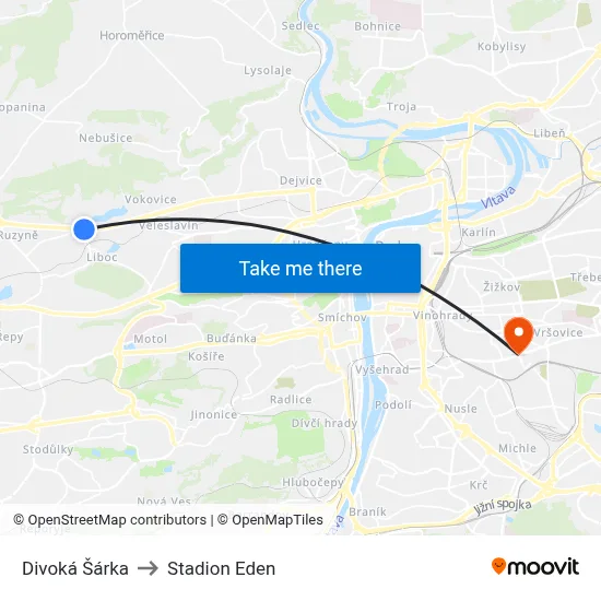 Divoká Šárka to Stadion Eden map