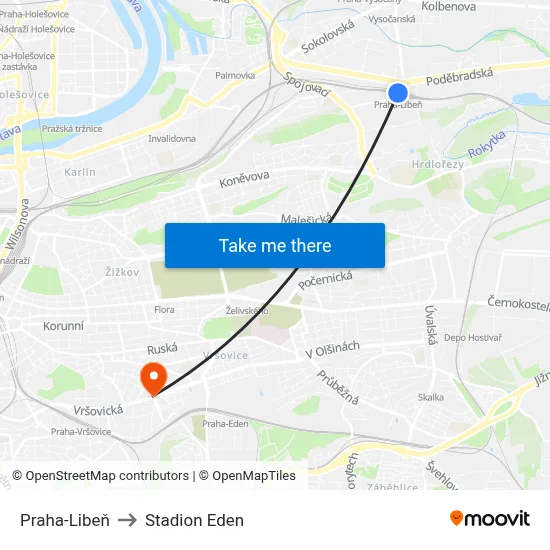 Praha-Libeň to Stadion Eden map