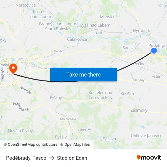 Poděbrady, Tesco to Stadion Eden map