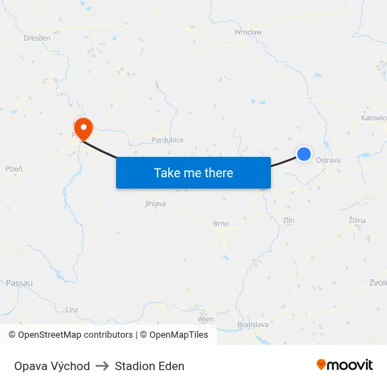 Opava Východ to Stadion Eden map