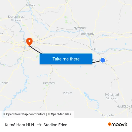 Kutná Hora Hl.N. to Stadion Eden map