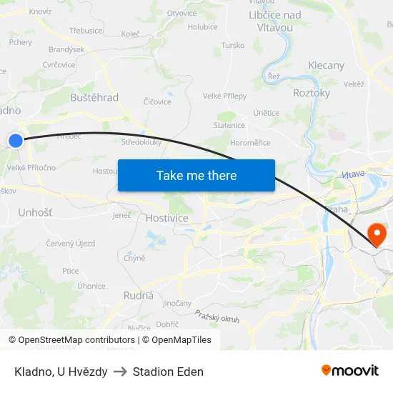 Kladno, U Hvězdy to Stadion Eden map