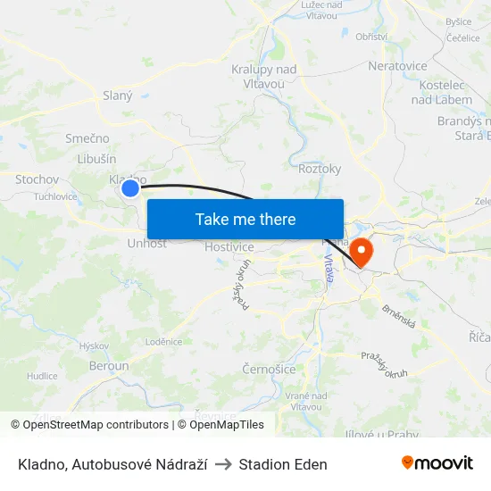 Kladno, Autobusové Nádraží to Stadion Eden map