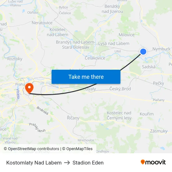 Kostomlaty Nad Labem to Stadion Eden map