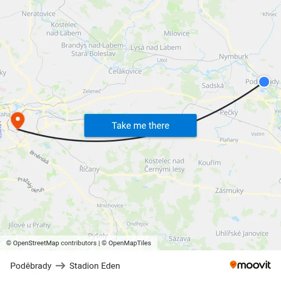 Poděbrady to Stadion Eden map