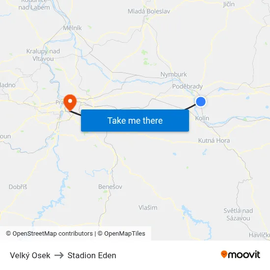 Velký Osek to Stadion Eden map