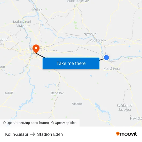 Kolín-Zálabí to Stadion Eden map