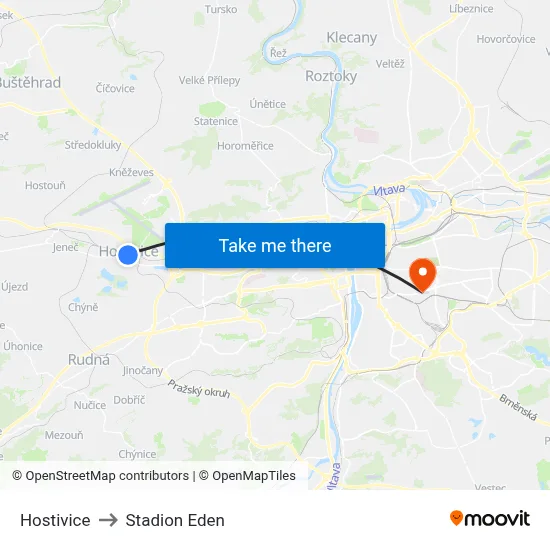 Hostivice to Stadion Eden map
