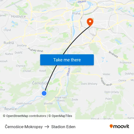 Černošice-Mokropsy to Stadion Eden map