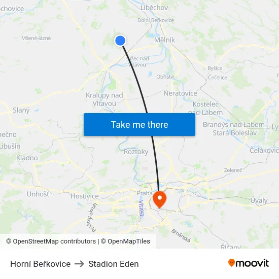 Horní Beřkovice to Stadion Eden map