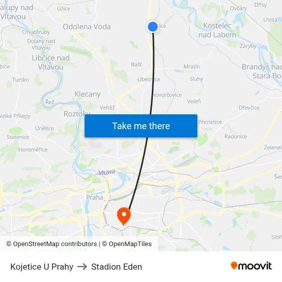 Kojetice U Prahy to Stadion Eden map