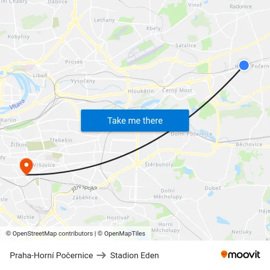 Praha-Horní Počernice to Stadion Eden map