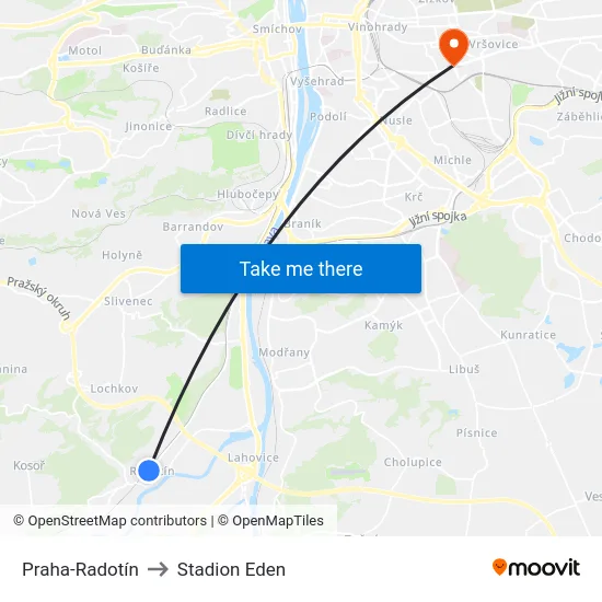 Praha-Radotín to Stadion Eden map
