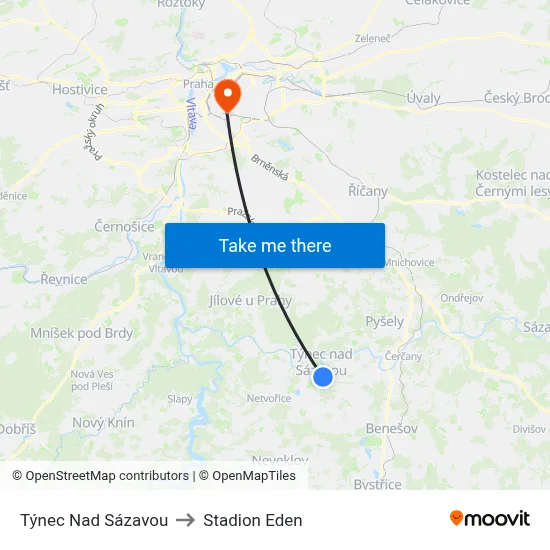 Týnec Nad Sázavou to Stadion Eden map