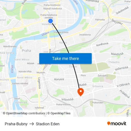 Praha-Bubny to Stadion Eden map