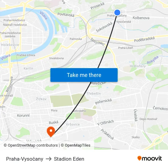 Praha-Vysočany to Stadion Eden map