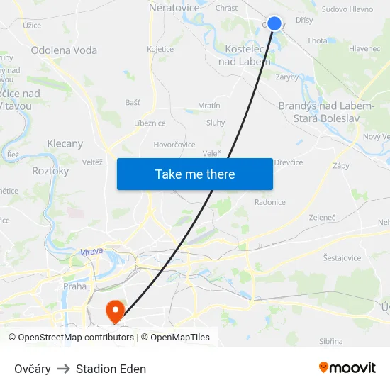 Ovčáry to Stadion Eden map