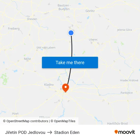 Jiřetín POD Jedlovou to Stadion Eden map