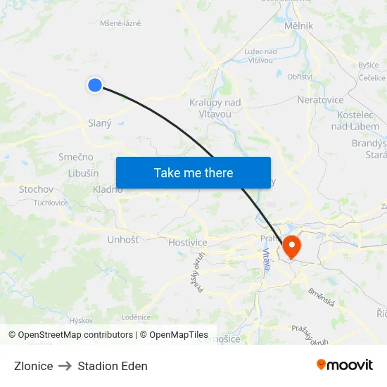 Zlonice to Stadion Eden map