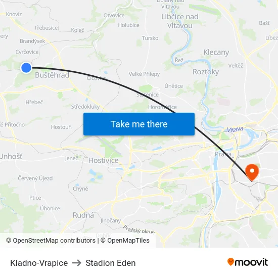 Kladno-Vrapice to Stadion Eden map