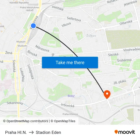 Praha Hl.N. to Stadion Eden map