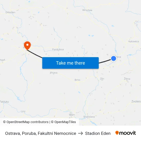 Ostrava, Poruba, Fakultní Nemocnice to Stadion Eden map