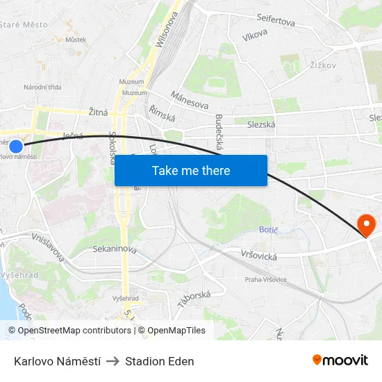 Karlovo Náměstí to Stadion Eden map