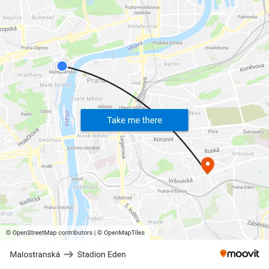 Malostranská to Stadion Eden map