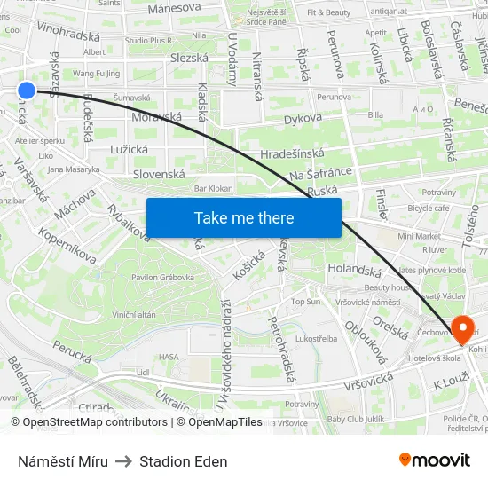 Náměstí Míru to Stadion Eden map