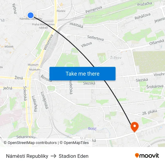 Náměstí Republiky to Stadion Eden map