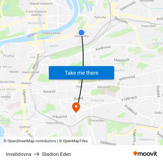 Invalidovna to Stadion Eden map