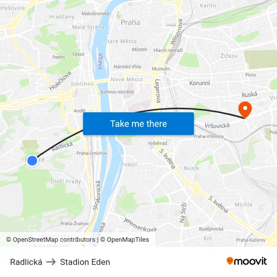Radlická to Stadion Eden map