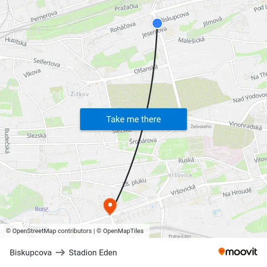 Biskupcova to Stadion Eden map