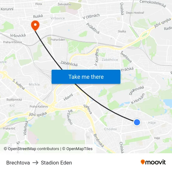Brechtova to Stadion Eden map