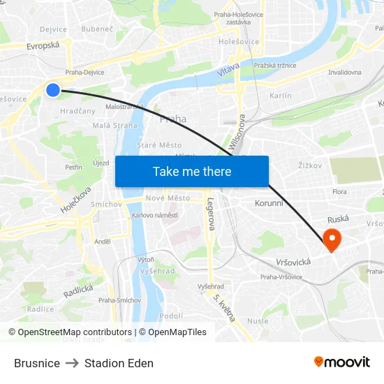 Brusnice to Stadion Eden map