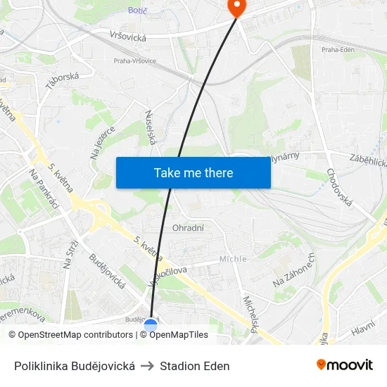Poliklinika Budějovická to Stadion Eden map
