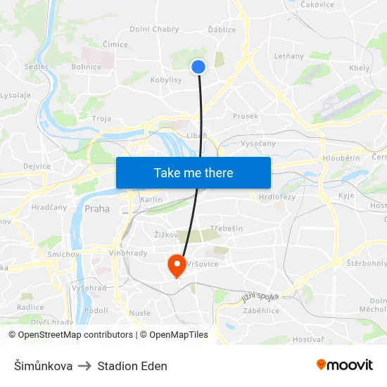 Šimůnkova to Stadion Eden map