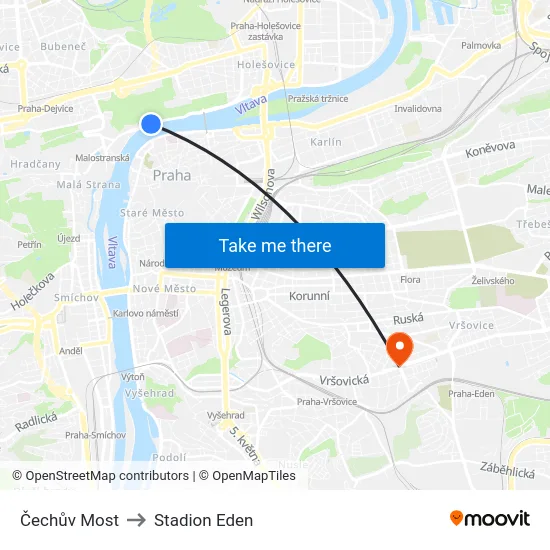 Čechův Most to Stadion Eden map