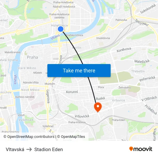 Vltavská to Stadion Eden map