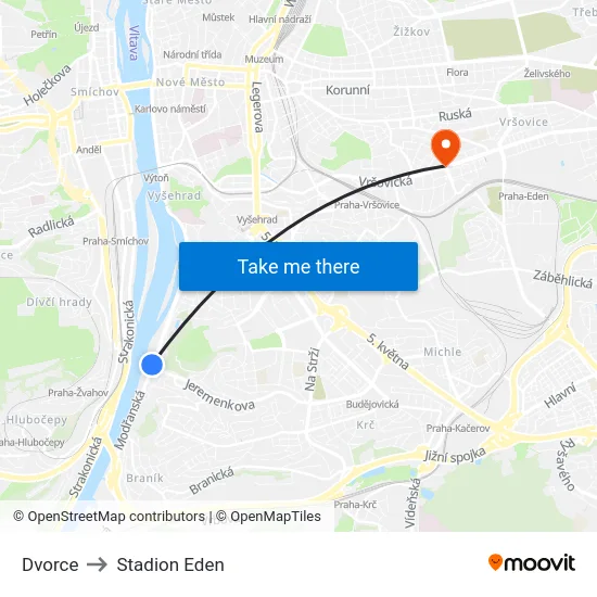 Dvorce to Stadion Eden map
