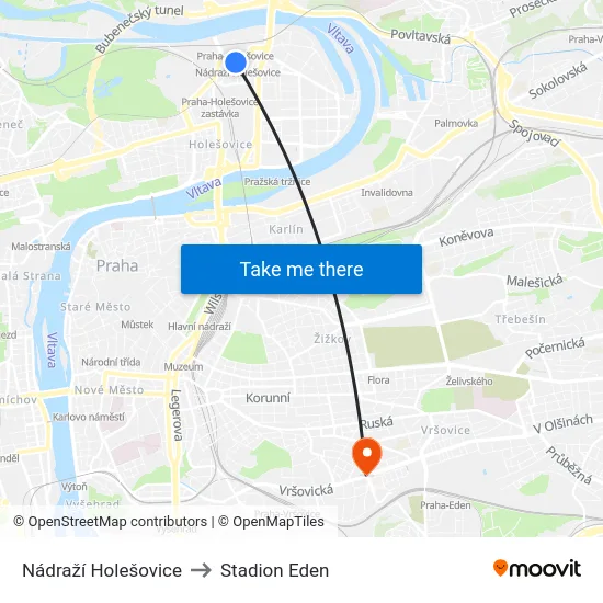 Nádraží Holešovice to Stadion Eden map