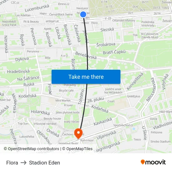 Flora to Stadion Eden map