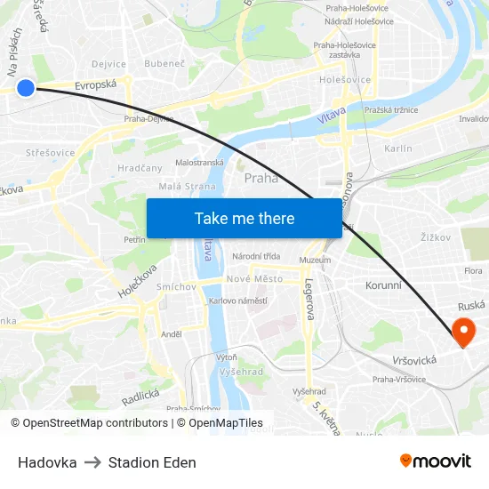 Hadovka to Stadion Eden map