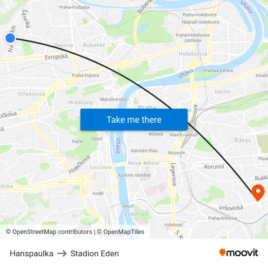Hanspaulka to Stadion Eden map