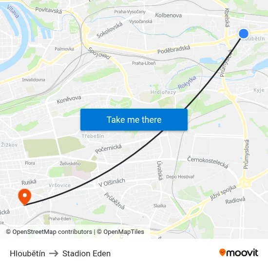 Hloubětín to Stadion Eden map