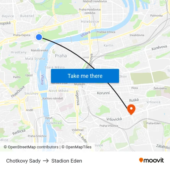 Chotkovy Sady to Stadion Eden map