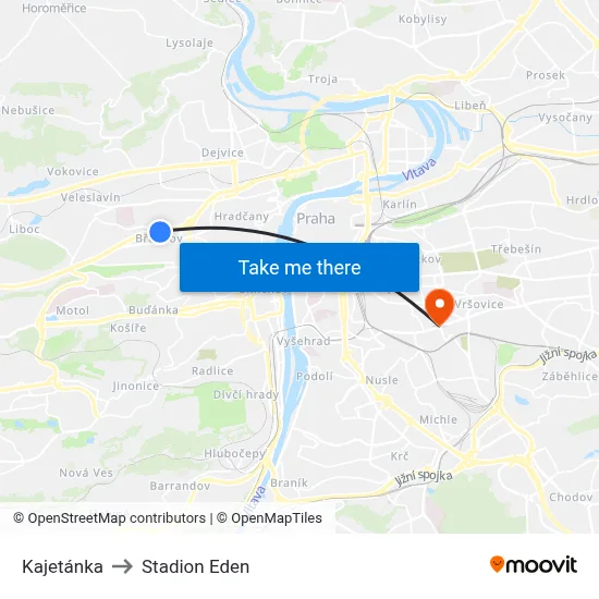 Kajetánka to Stadion Eden map