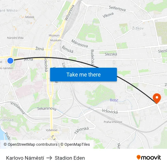Karlovo Náměstí to Stadion Eden map
